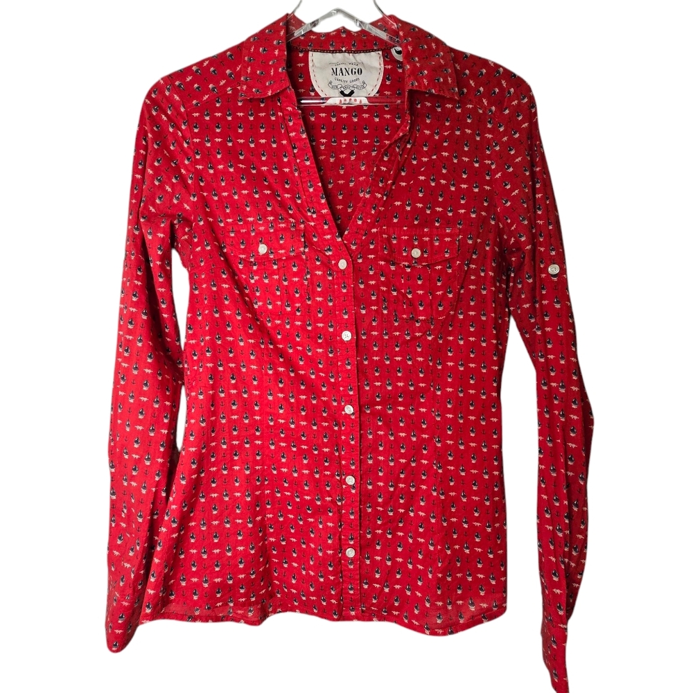ViNTAGE Y2K •.MANGO • Red & Blue  Nautical Sailboats Preppy Button-Up Shirt SZ 6